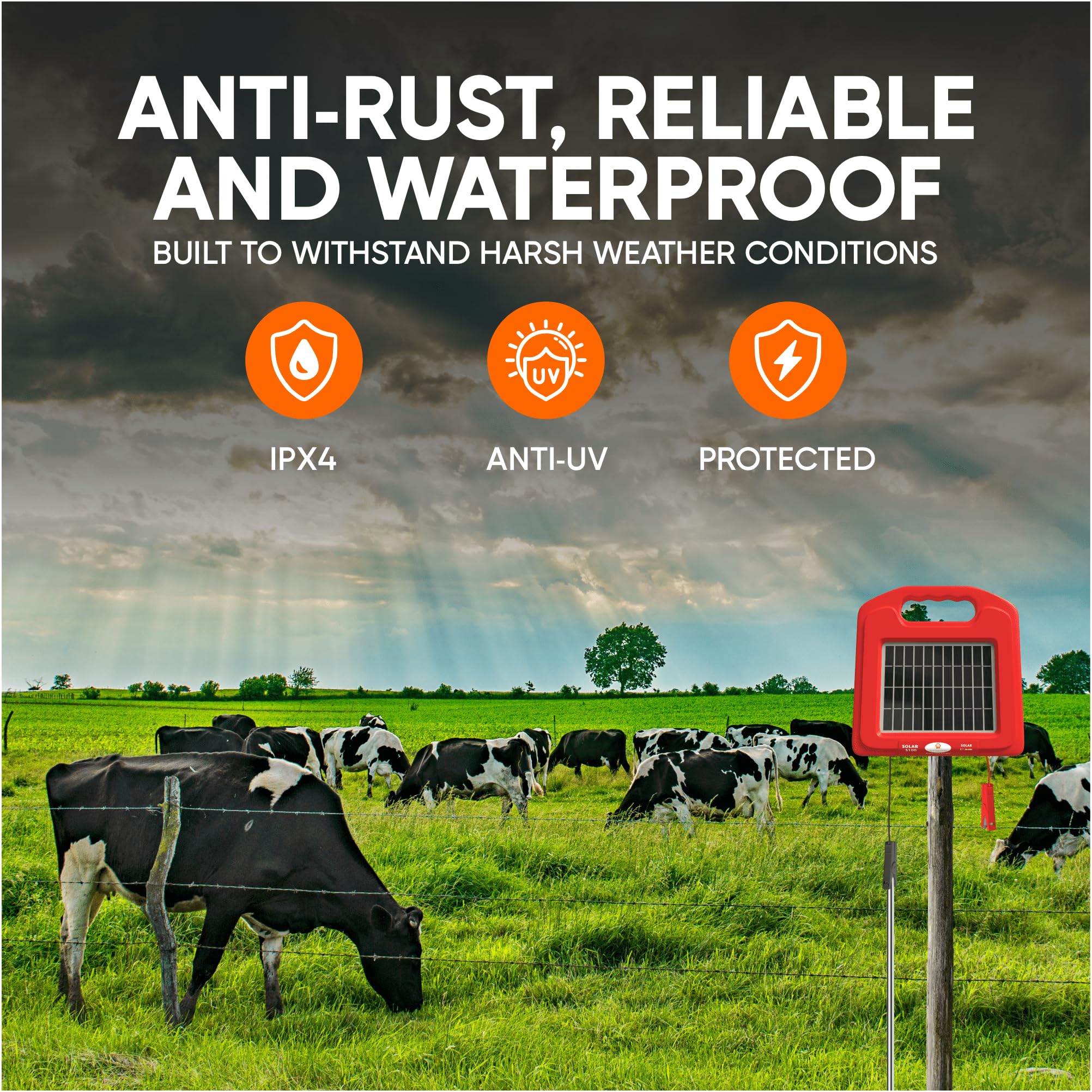 Pet & Livestock HQ unit mounted on post in field providing off-grid fencing power