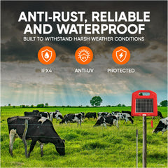 Pet & Livestock HQ unit mounted on post in field providing off-grid fencing power
