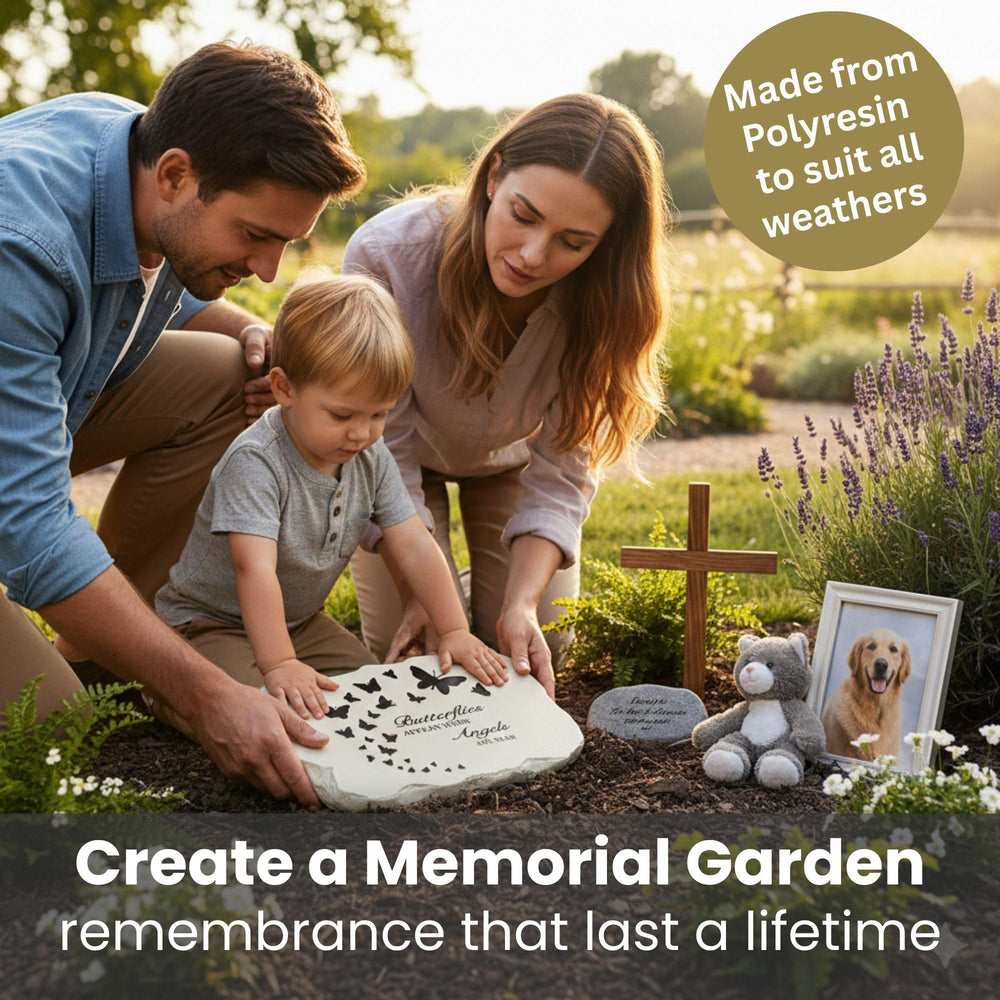 PetAngell close-up of butterfly detail and raised lettering, highlights delicate durable finish
