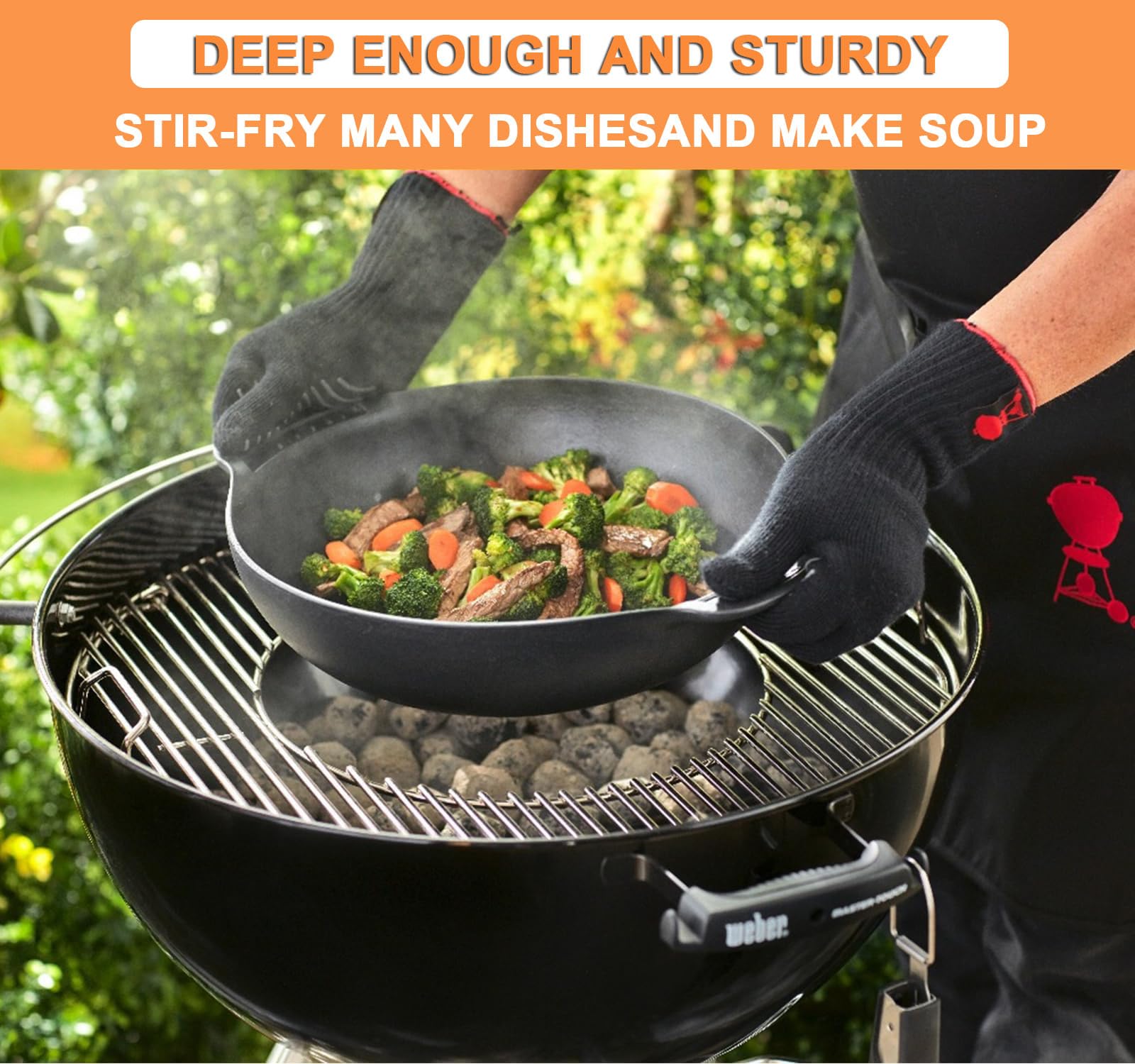 PETKAO wok beside grill tongs to show size and stable scale for grill use