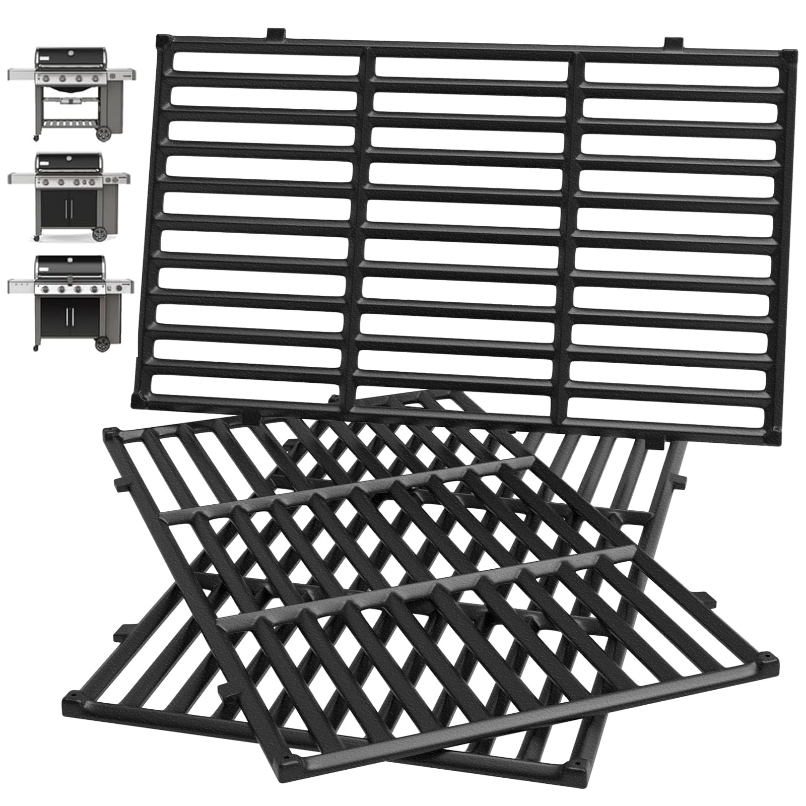 PETKAO front view of three-piece grill grates showing fit and coverage benefit