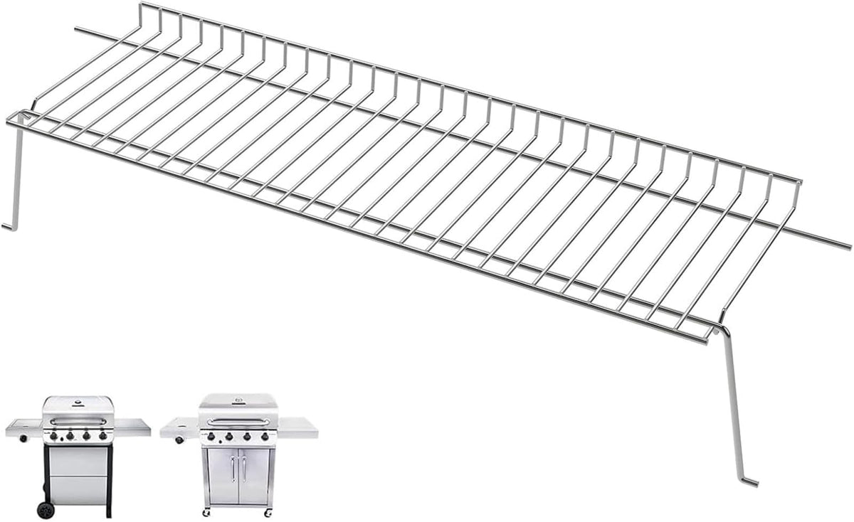 PETKAO front view of warming rack showing full stainless grate and added cooking area