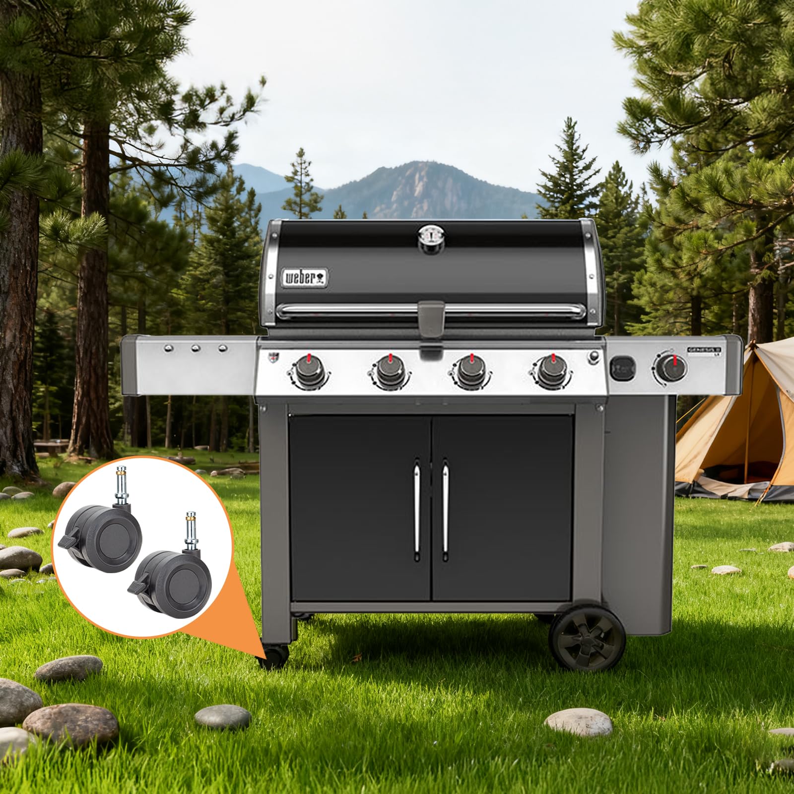 PETKAO caster installed on grill side showing easier repositioning benefit