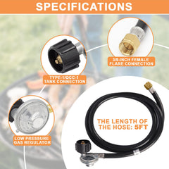 PETKAO 5ft propane regulator hose detail highlighting flexible, durable connection