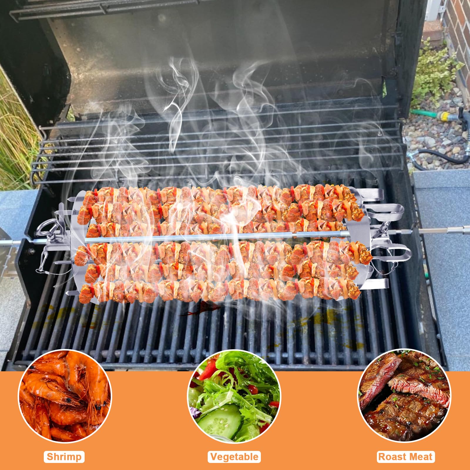 PETKAO rotisserie side plate detail illustrating secure skewer mounting