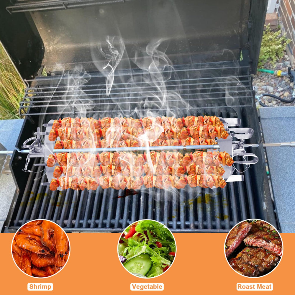 PETKAO rotisserie side plate detail illustrating secure skewer mounting