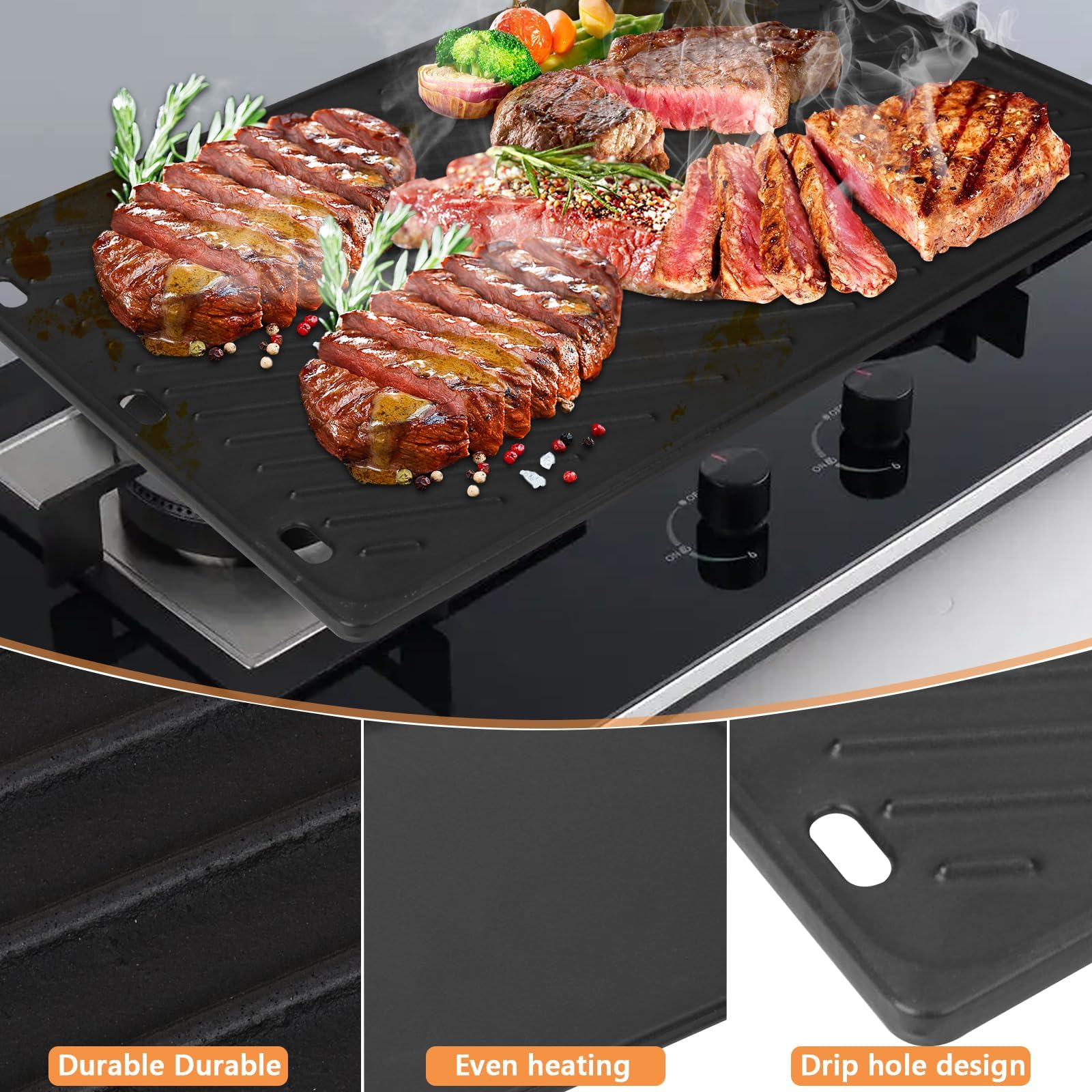PETKAO searing steak on ridged side showing enhanced grill marks and flavor