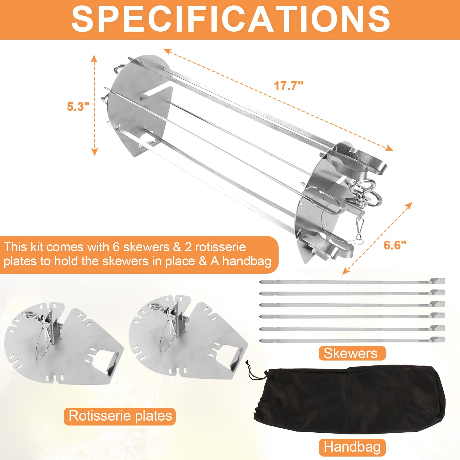 PETKAO skewers next to a ruler showing length and fit for rotisserie spits