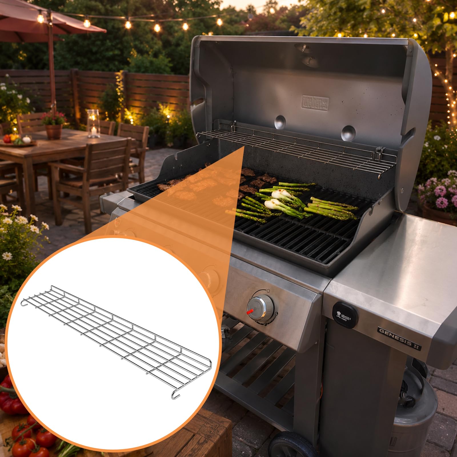 PETKAO warming rack installed on a Weber Genesis II grill demonstrating secure, gap-free fit