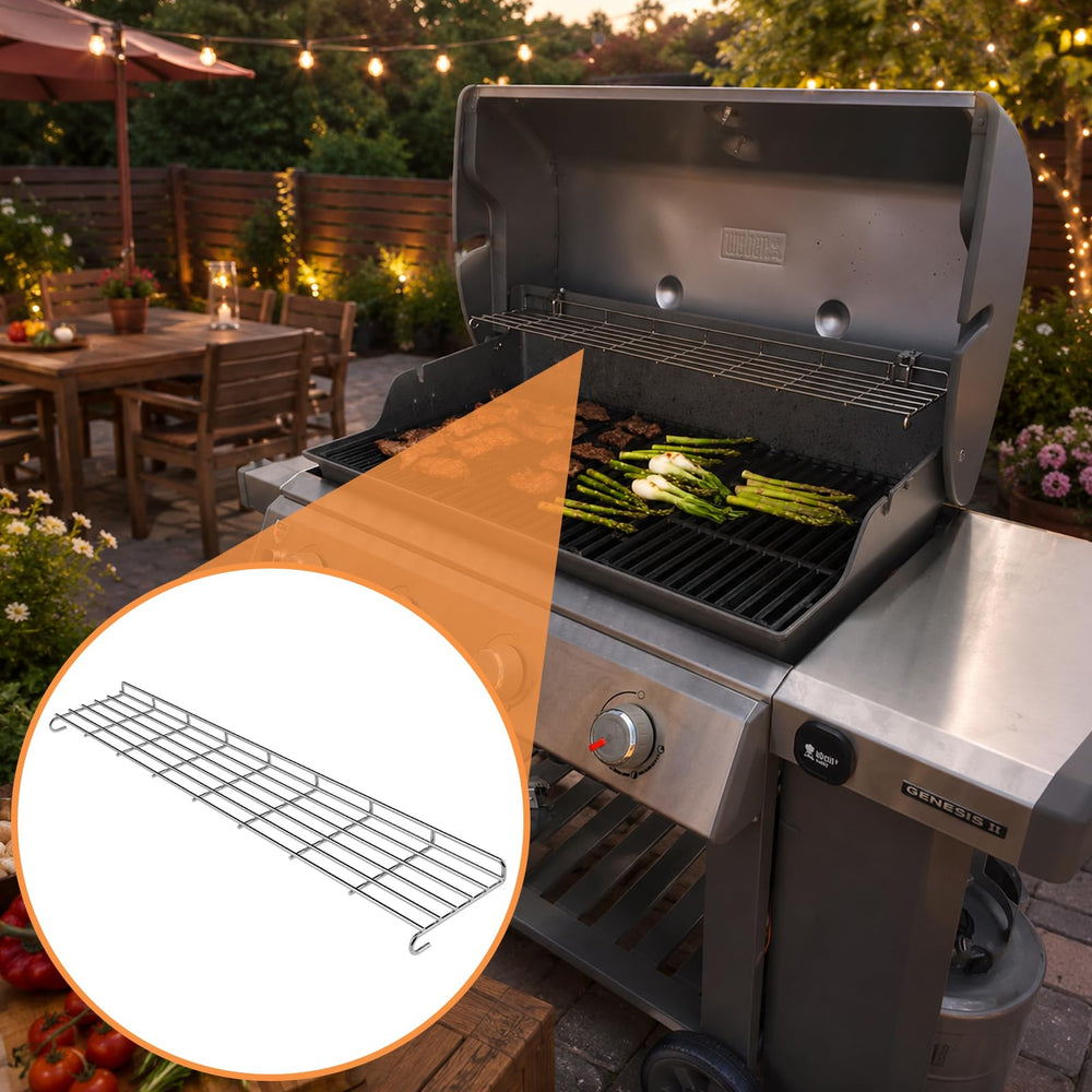 PETKAO warming rack installed on a Weber Genesis II grill demonstrating secure, gap-free fit