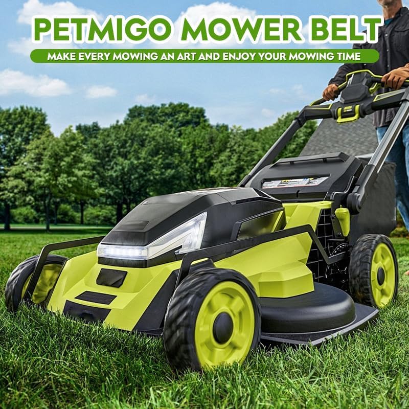 PetMigo belt beside zero-turn mower illustrating reliable lawn maintenance