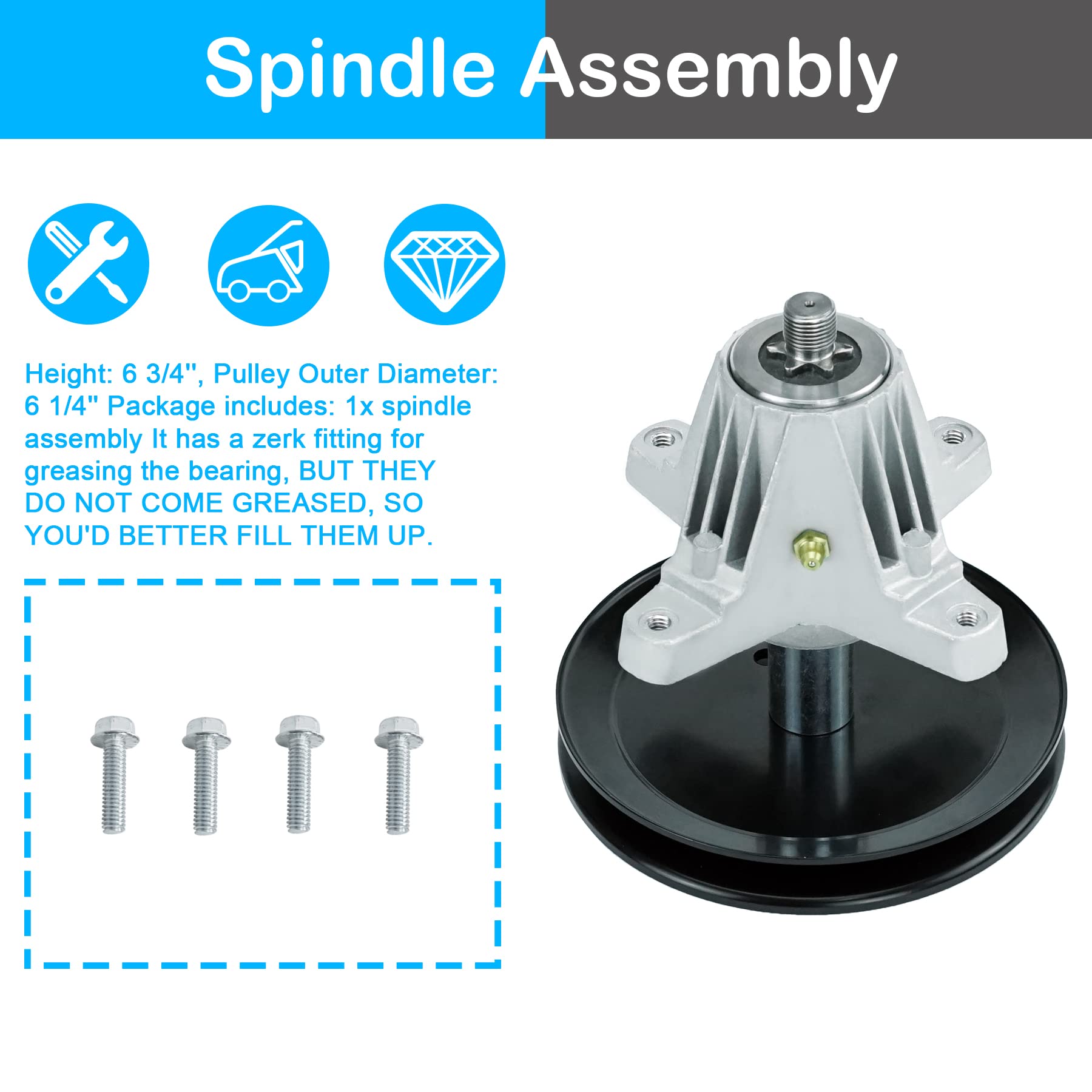 PetMigo kit components on workbench showing spindle, blade and belt for one-stop deck rebuild