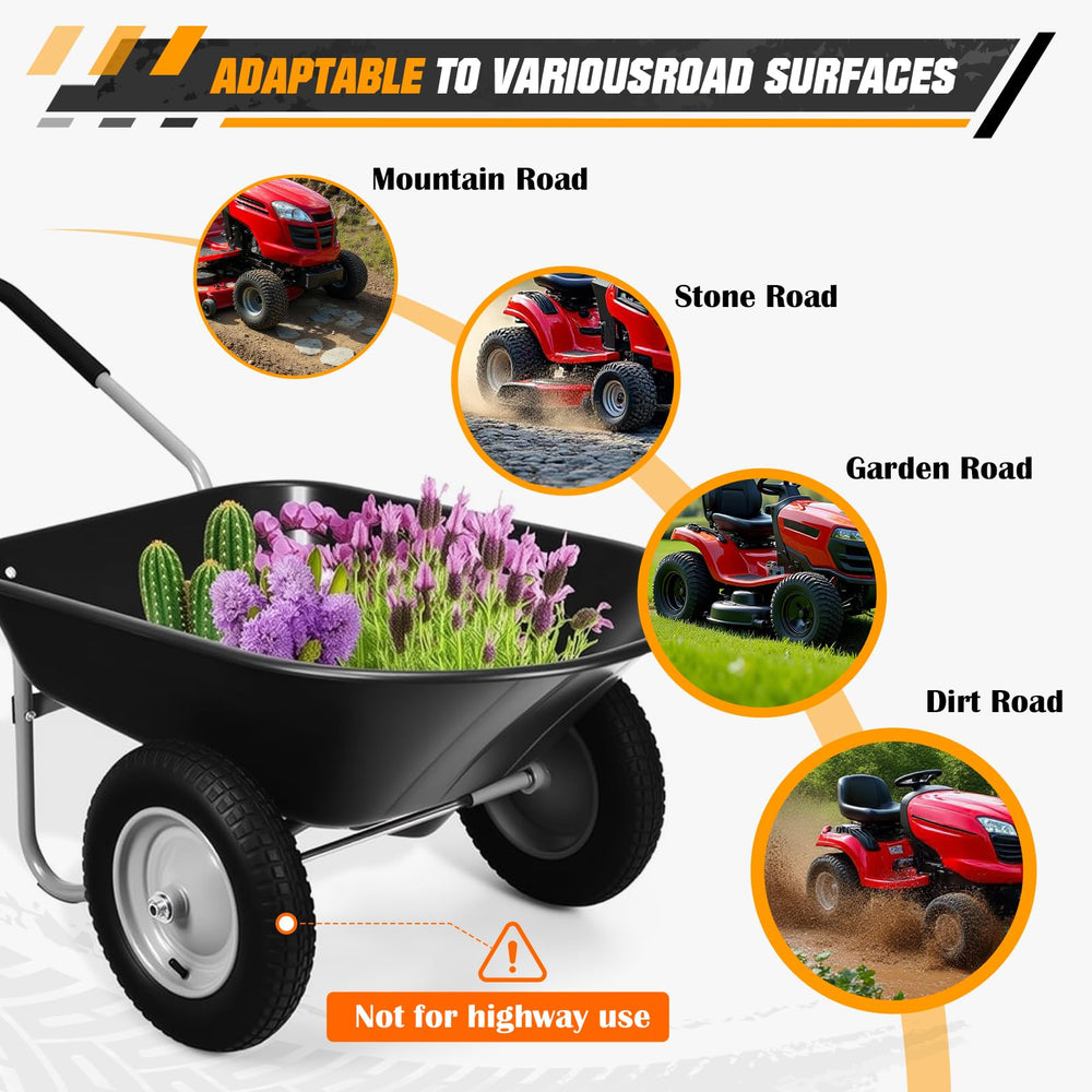 PetMigo wheel on garden wagon in yard scene showing smoother towing and shock absorption
