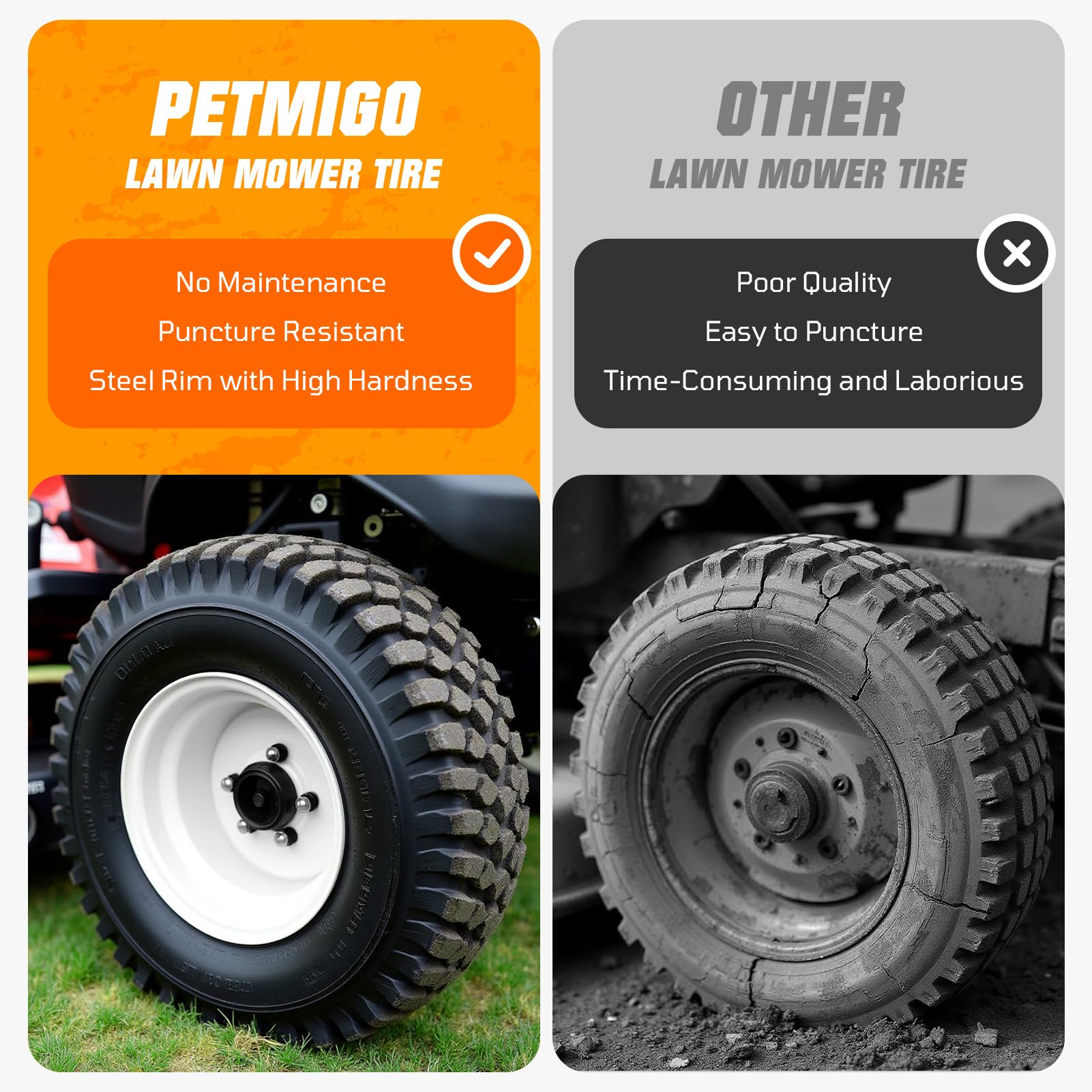 PetMigo tire next to ruler displaying 10" diameter and 3.25" width for accurate sizing