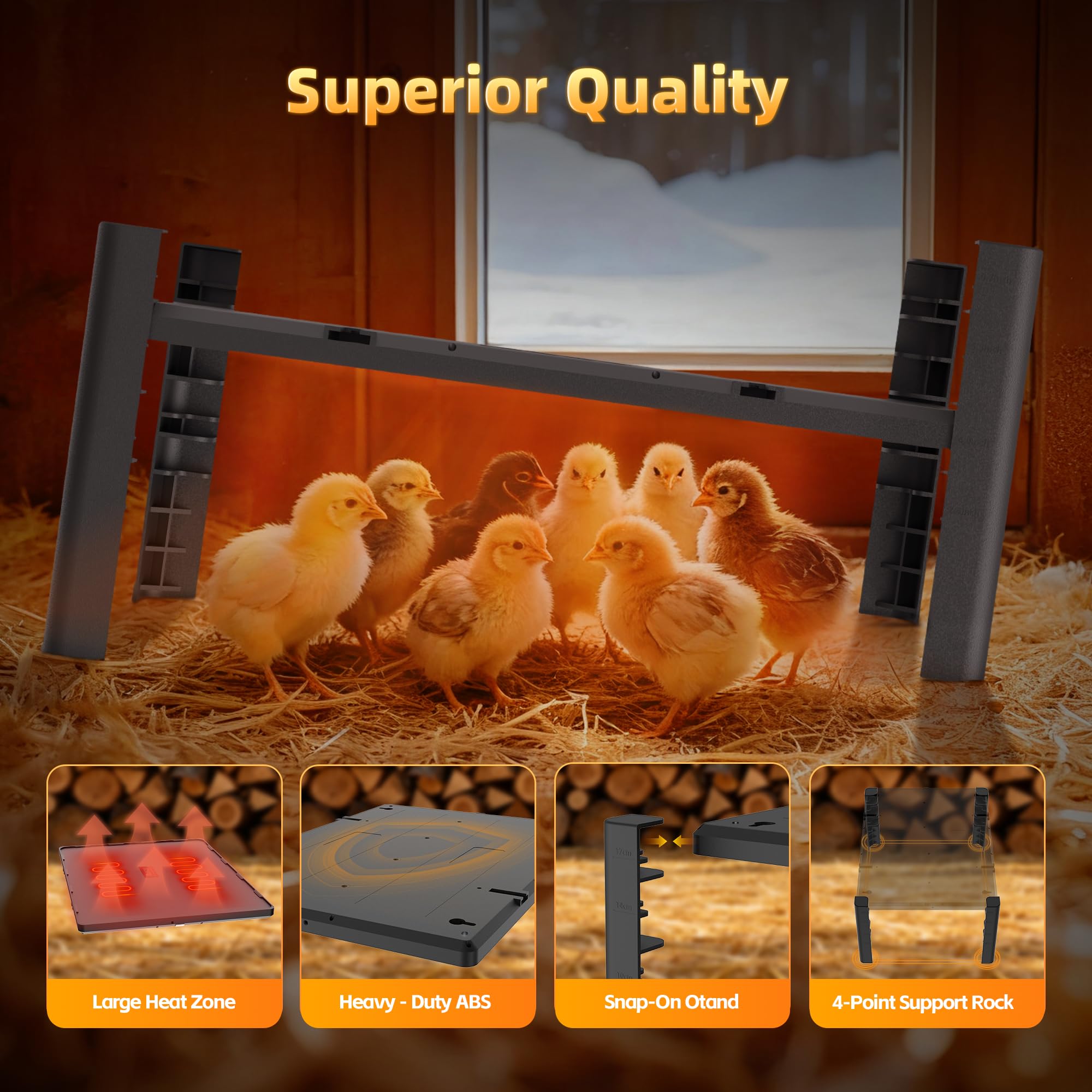 PETNF brooder plate showing adjustable angle and buckle-lock stand for versatility