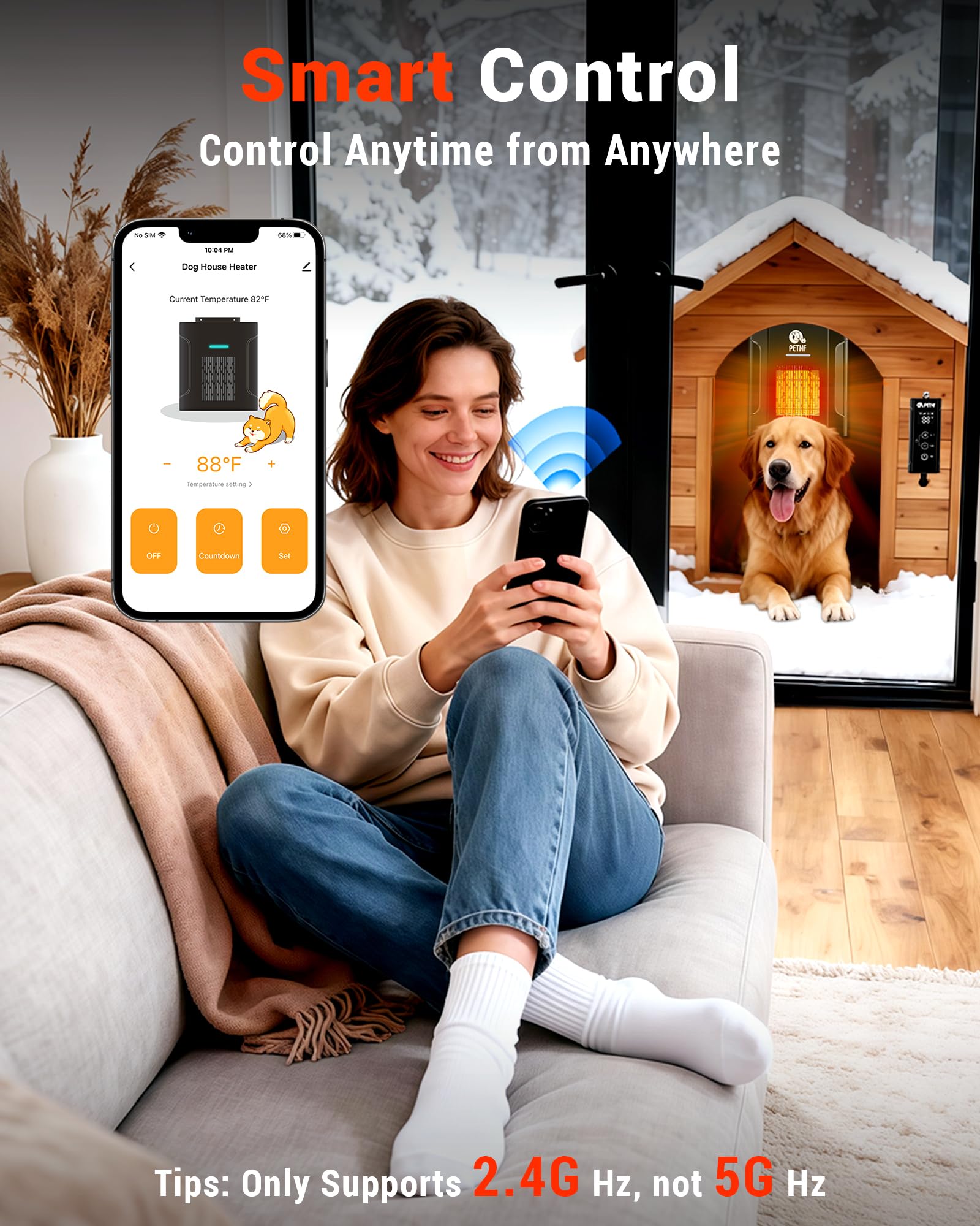 PETNF installed in dog house with a dog showing size and effective coverage
