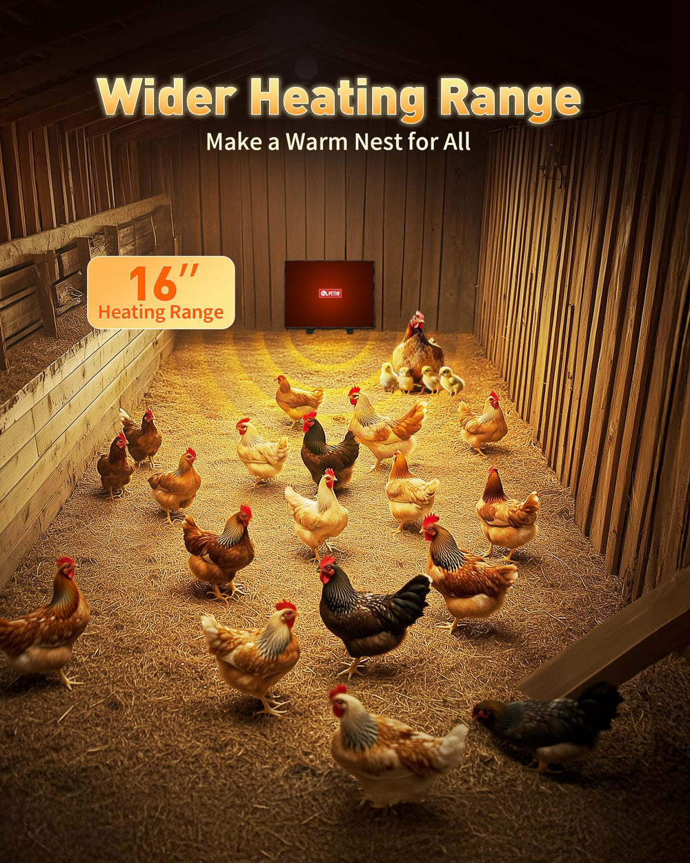 PETNF mounted on a coop wall providing focused warmth where chickens gather