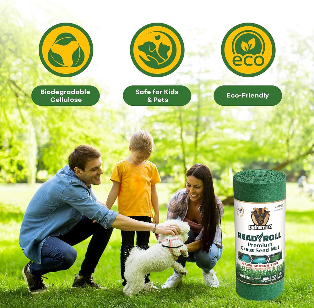PETRAMAX ReadyRoll applied to backyard patch for quick lawn repair