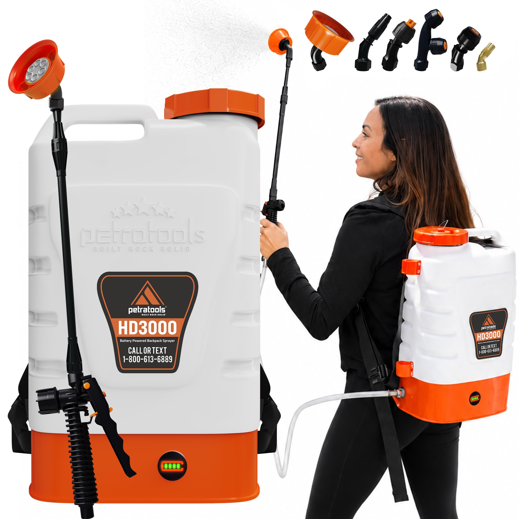 PetraTools backpack sprayer front view showing compact design and quick-start benefit