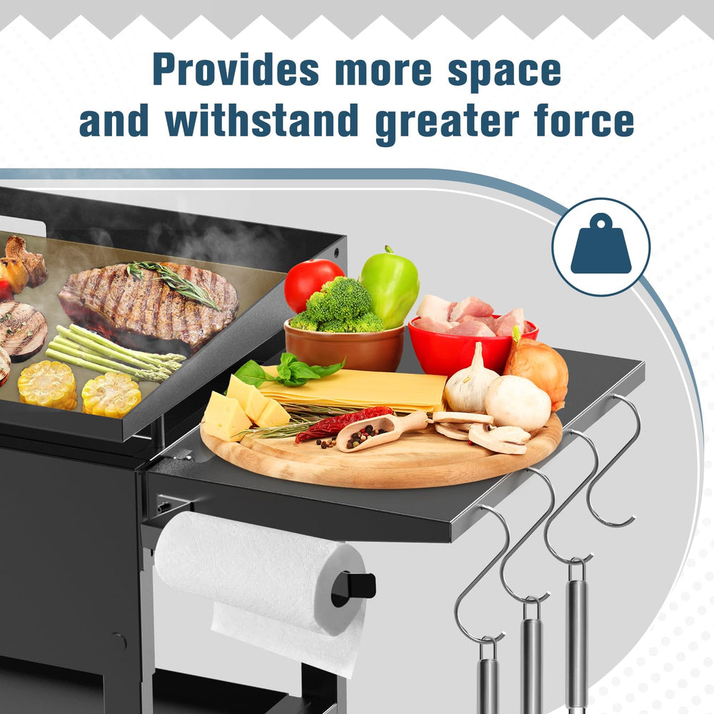 Petrirufun shelf in use beside griddle staging food for faster service