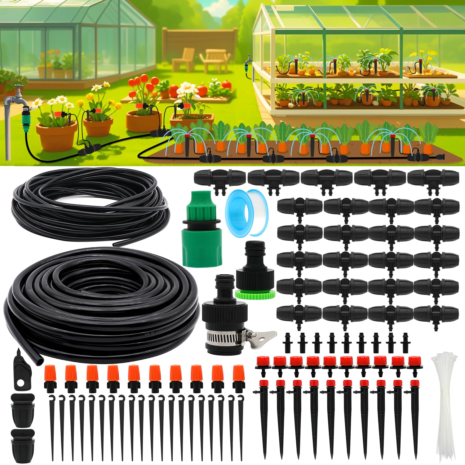 PETUOL front packaging showing complete drip irrigation kit and contents benefit fast setup
