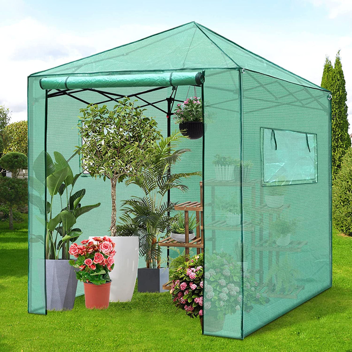 PexFix front view 8x8 greenhouse showing full coverage and easy access benefits