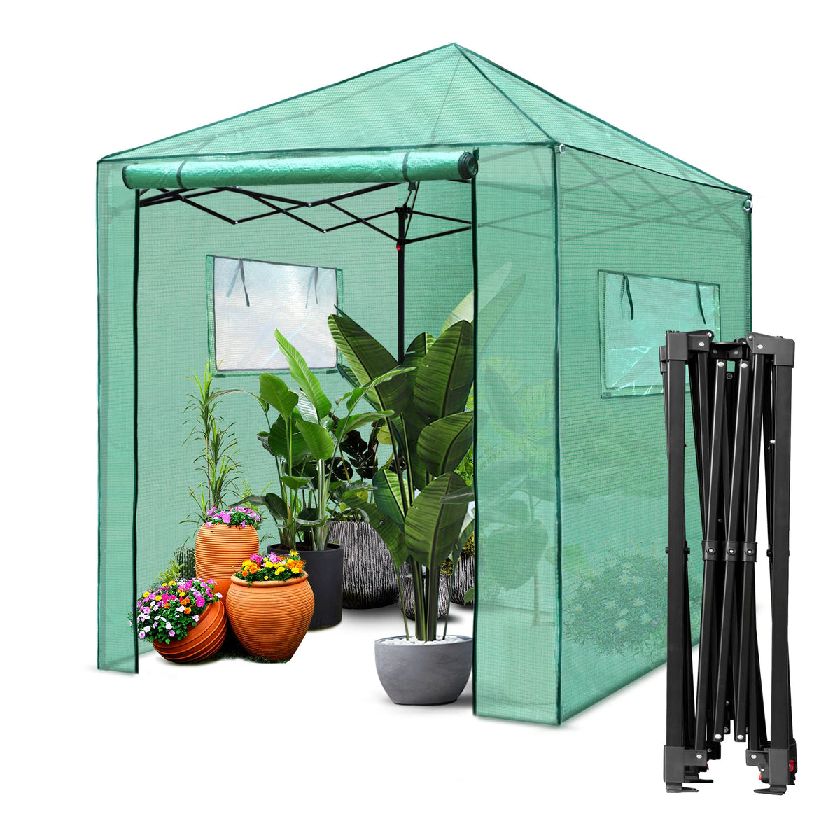 PexFix front view packaged greenhouse showing footprint and easy access benefit