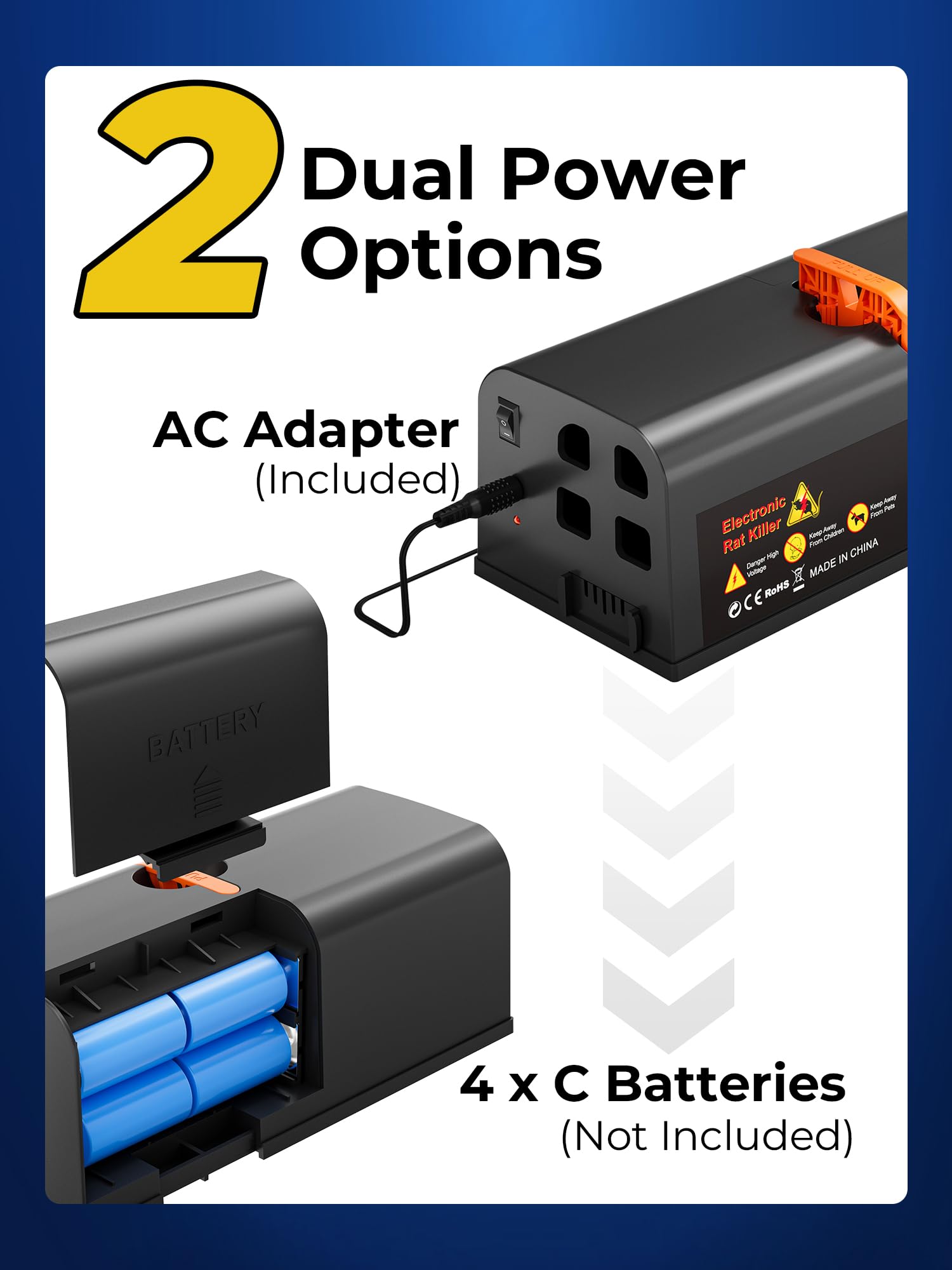 PEXPEL power adapter and battery compartment displaying dual-power flexibility