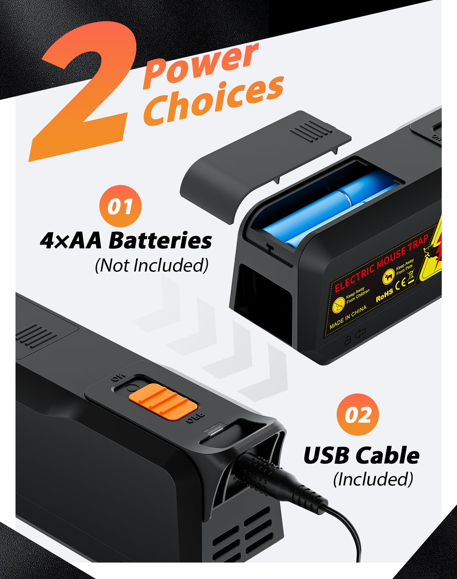 PEXPEL USB cable and open battery bay showing flexible power options