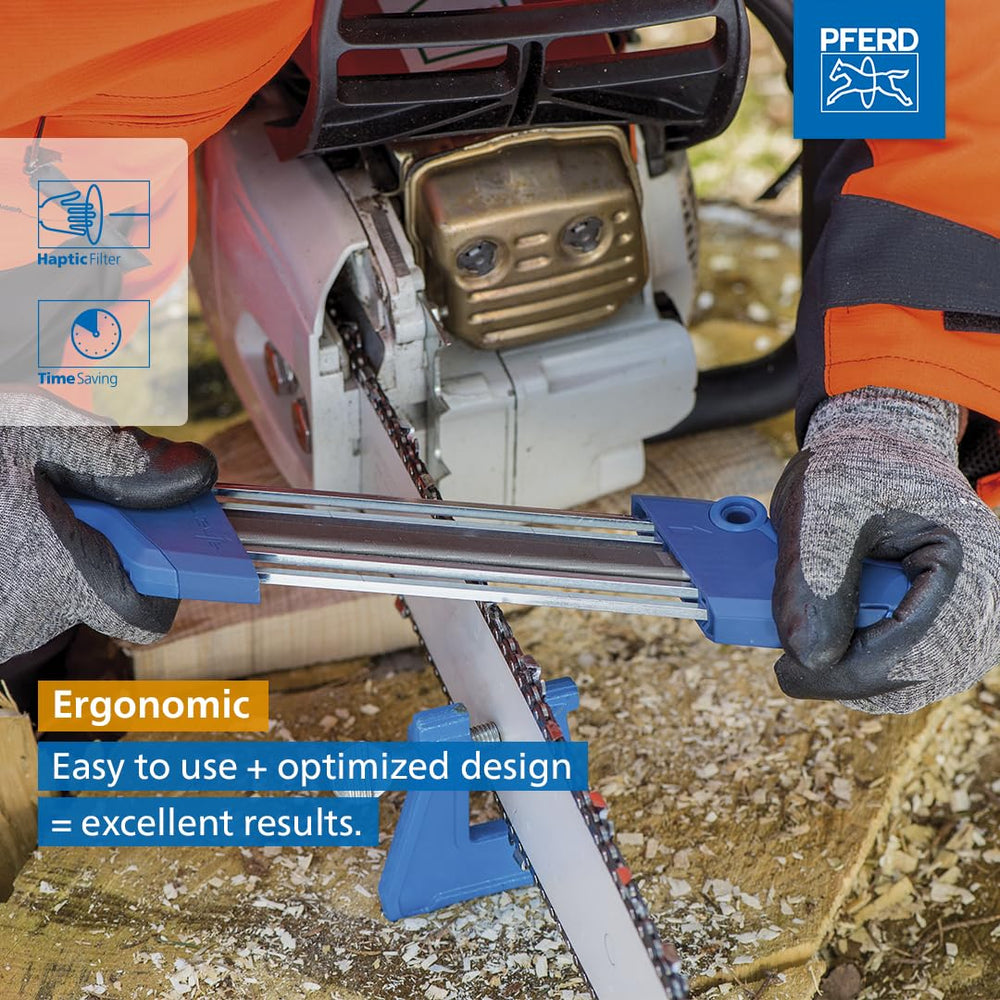 PFERD CS-X in use on a chain demonstrating quick on-site sharpening benefit