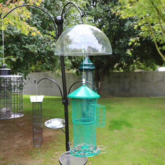 PFNRTH baffle used with hanging bird feeder keeping seeds dry and birds undisturbed
