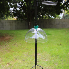 PFNRTH baffle installed on shepherd's hook protecting feeder and reducing squirrel access