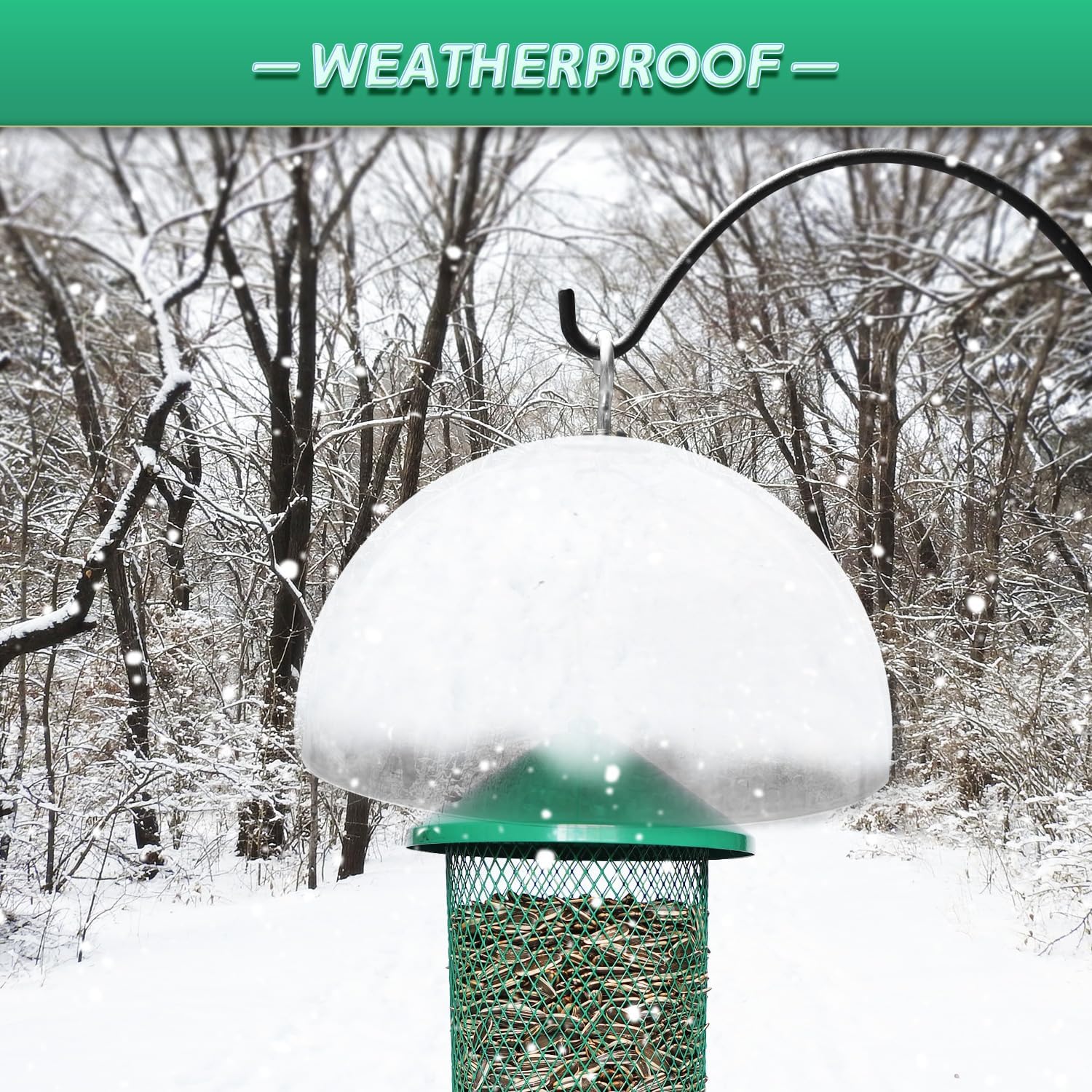 PFNRTH hanging feeder setup with dome protecting seed from theft and rain