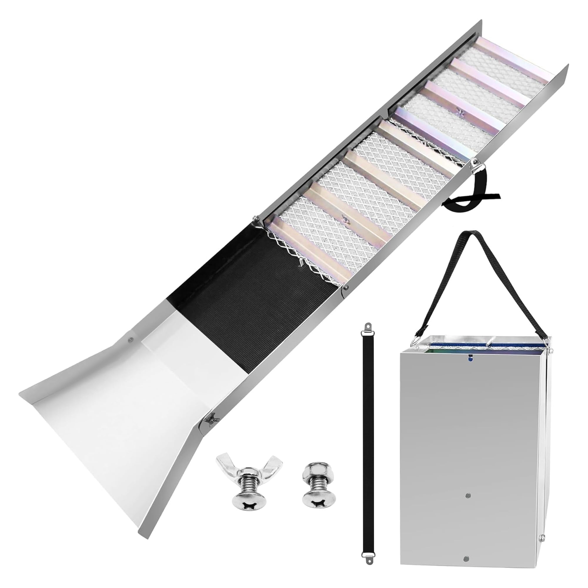 Pftjujudan front view of sluice box showing durable alloy frame and benefits portability