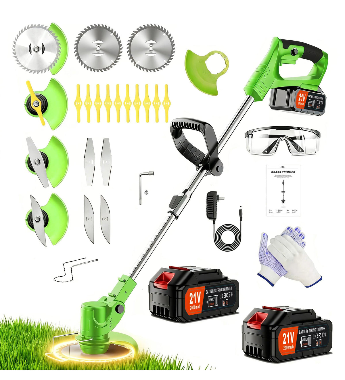 PFYELYI front view of packaged cordless weed wacker showing complete kit and accessories benefit