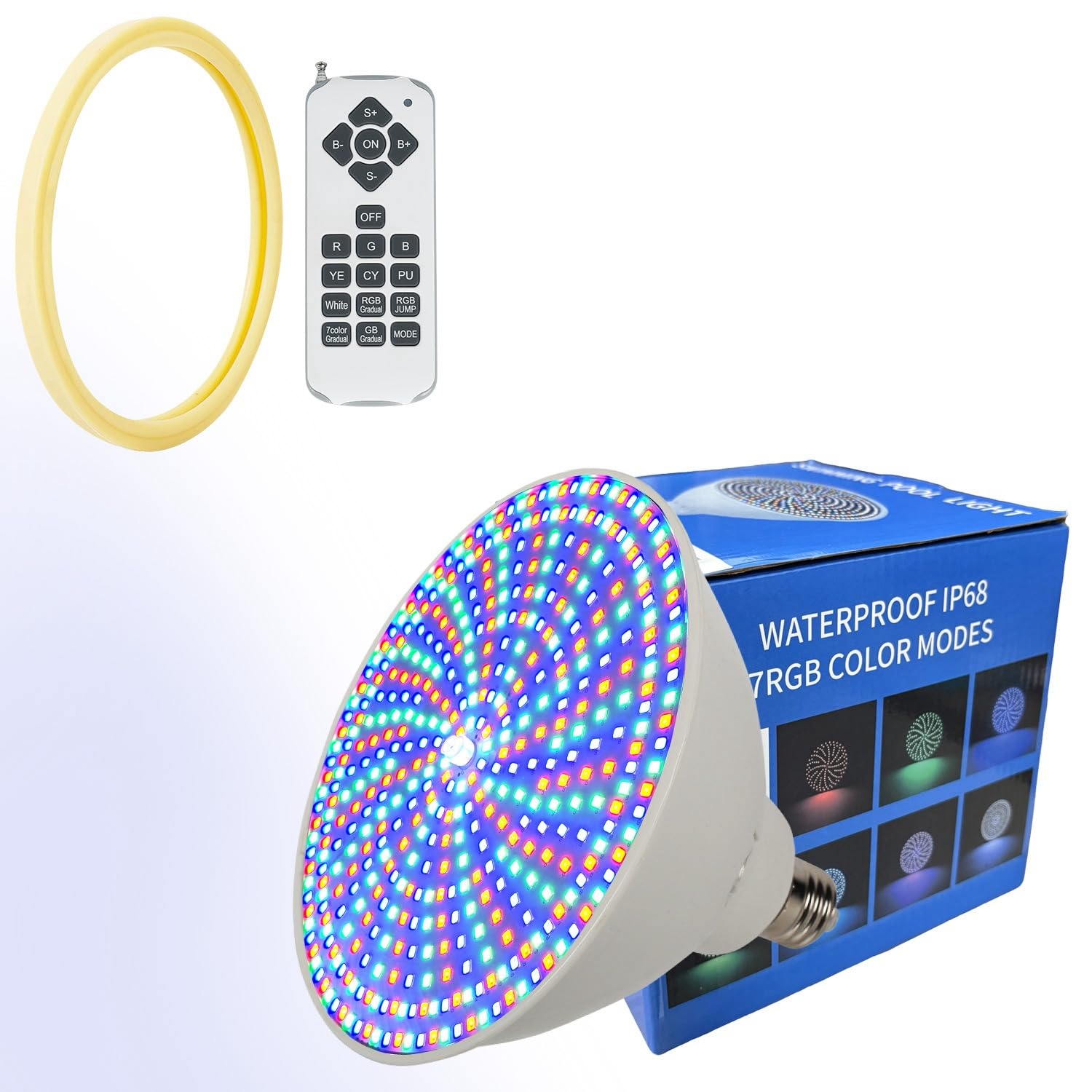 PGGBOO front view of RGB pool bulb showing waterproof design and easy replacement benefit