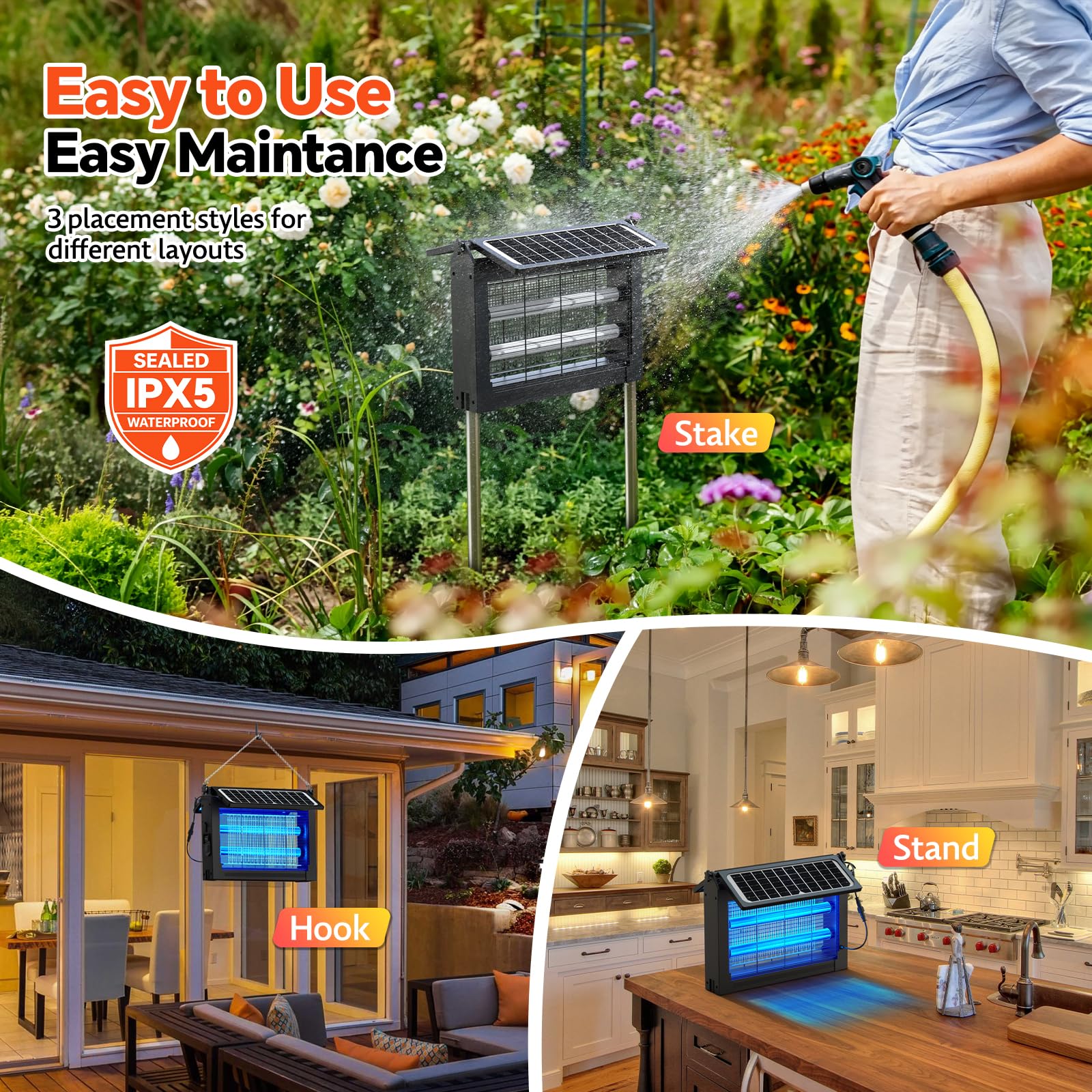 PhatroyYee staked in a garden reducing flying pests near plants and seating areas