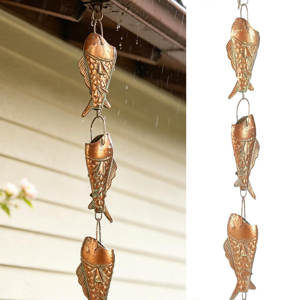 Phaxth rain chain front view showing trout cups and patina finish for curb appeal