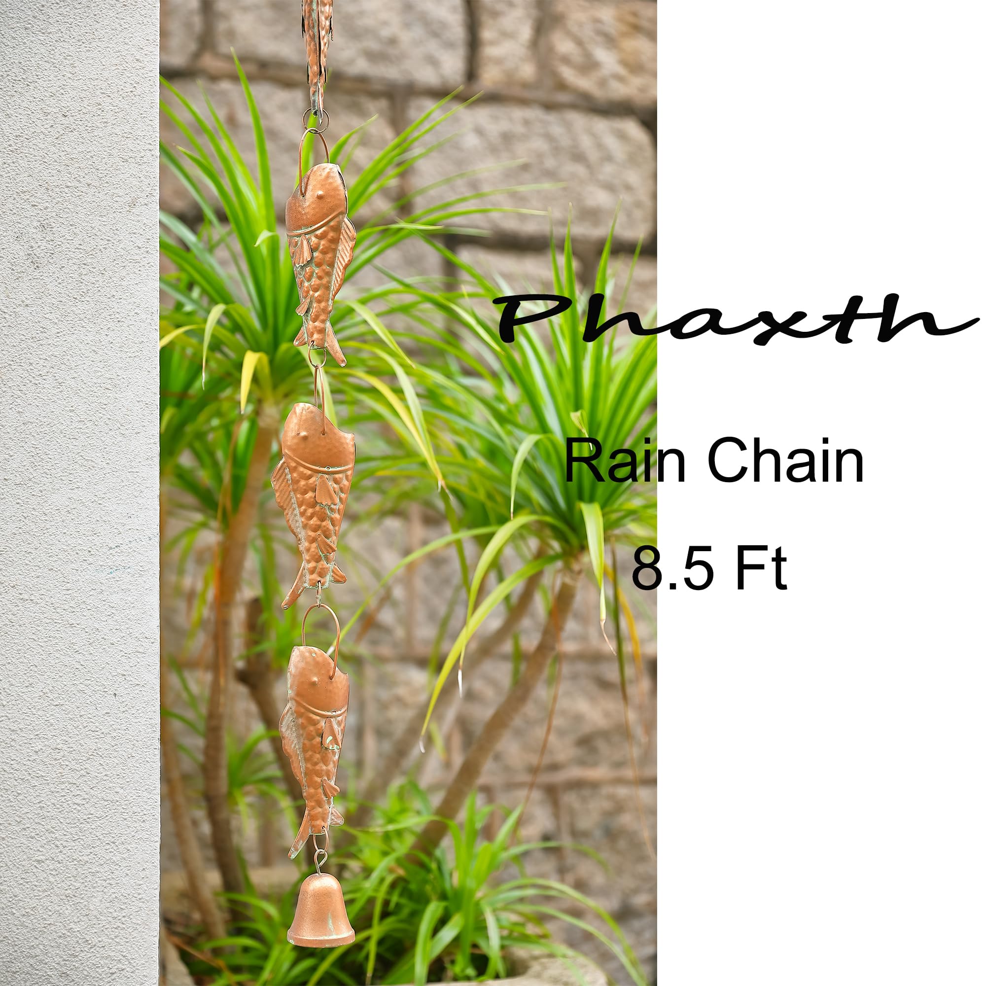Phaxth rain chain in use with water cascading through trout cups for decorative drainage