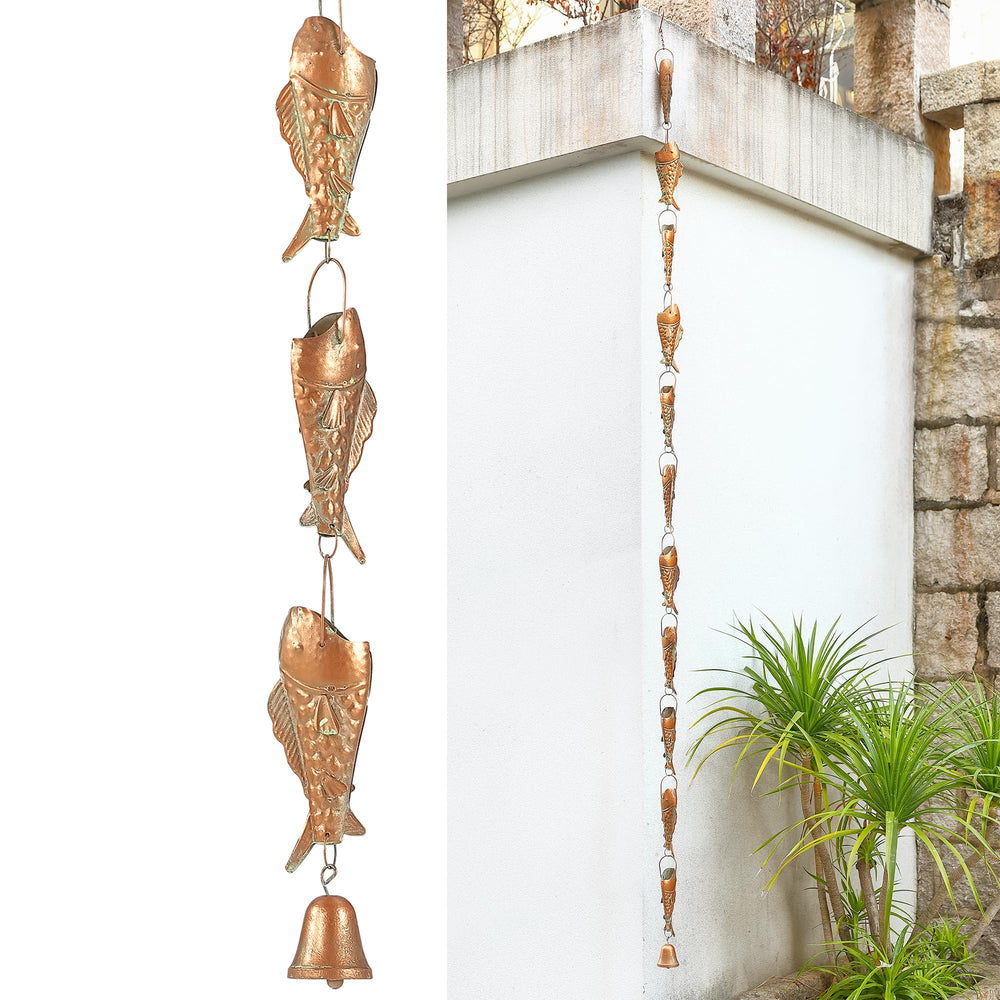 Phaxth rain chain beside a single-story house showing length and proper scale