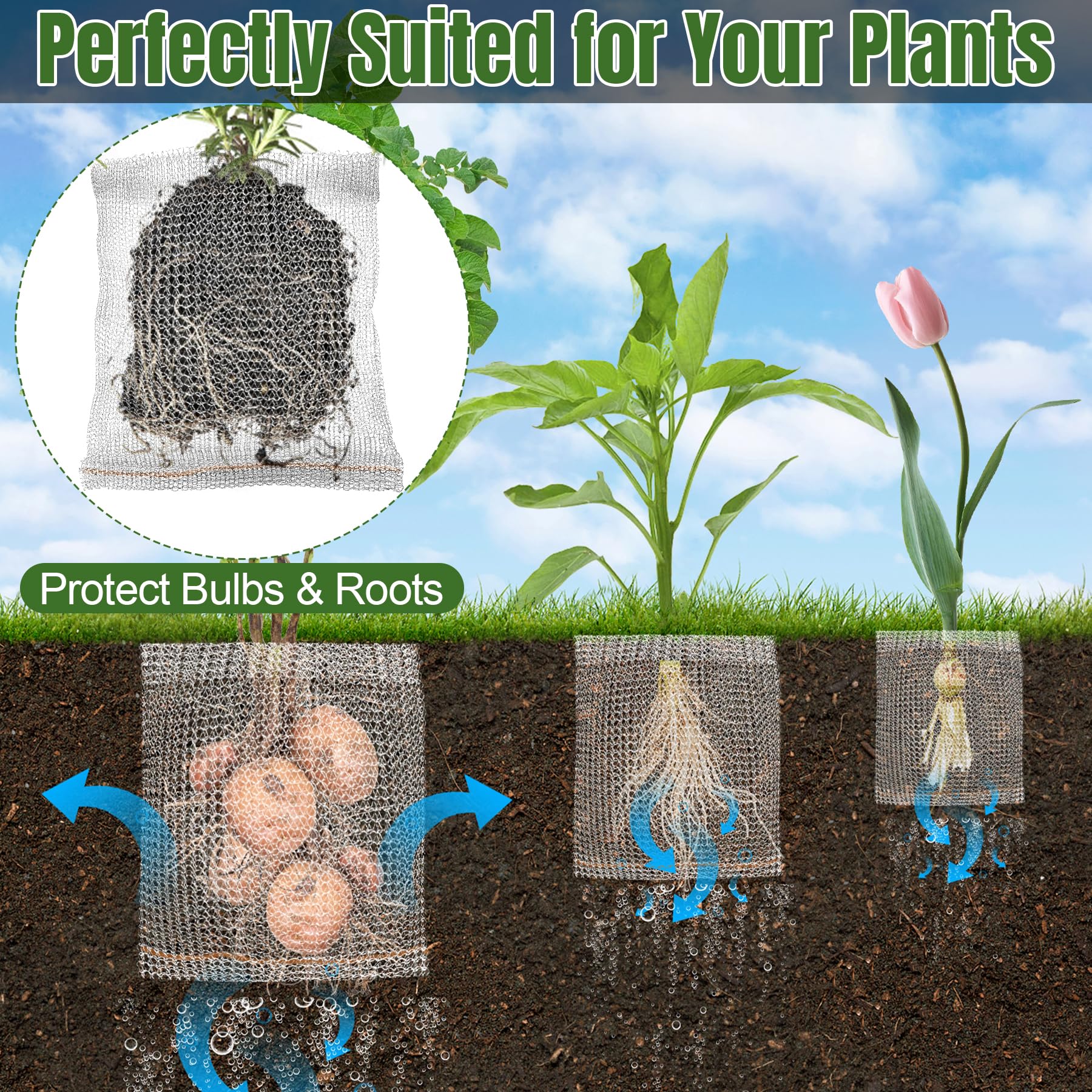 phepetroll baskets installed in backyard bed protecting vegetables and bulbs