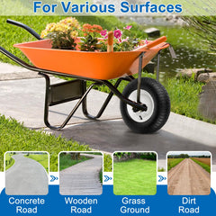 phepetroll wheel mounted on garden wheelbarrow for smoother hauling and shock absorption