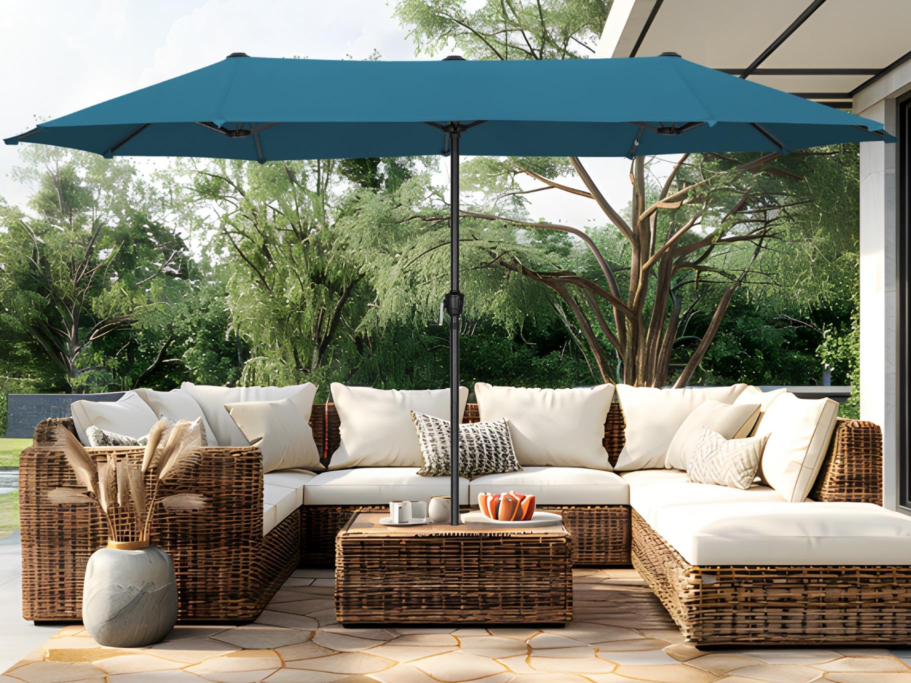 PHI VILLA front view of 13ft cyan rectangular patio umbrella showing full coverage