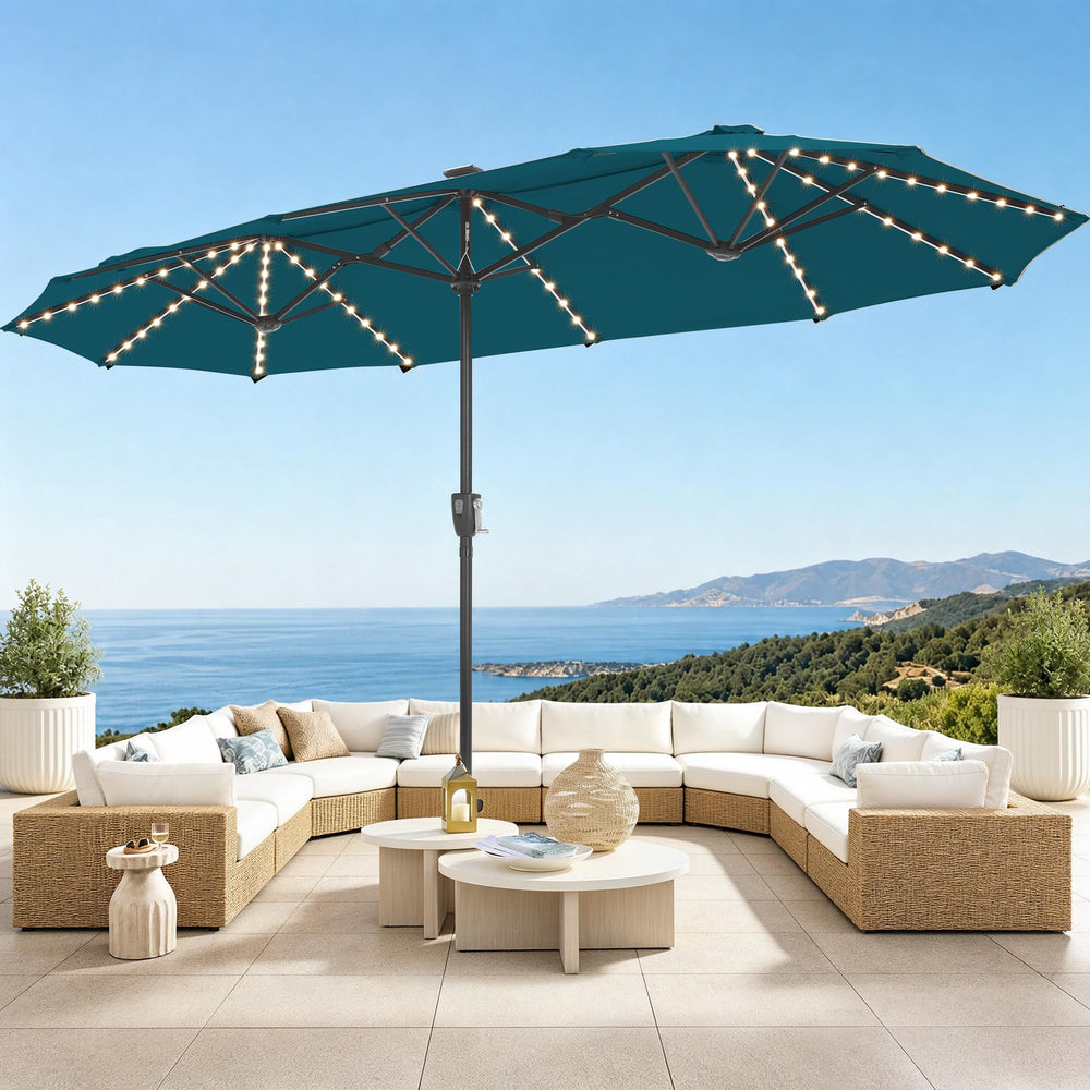 PHI VILLA front view of 13ft cyan umbrella showing coverage and shade