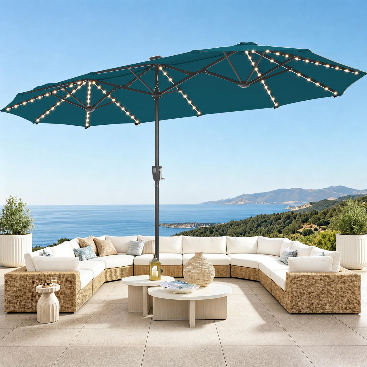 PHI VILLA front view of 13ft cyan umbrella showing coverage and shade