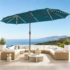 PHI VILLA front view of 13ft cyan umbrella showing coverage and shade