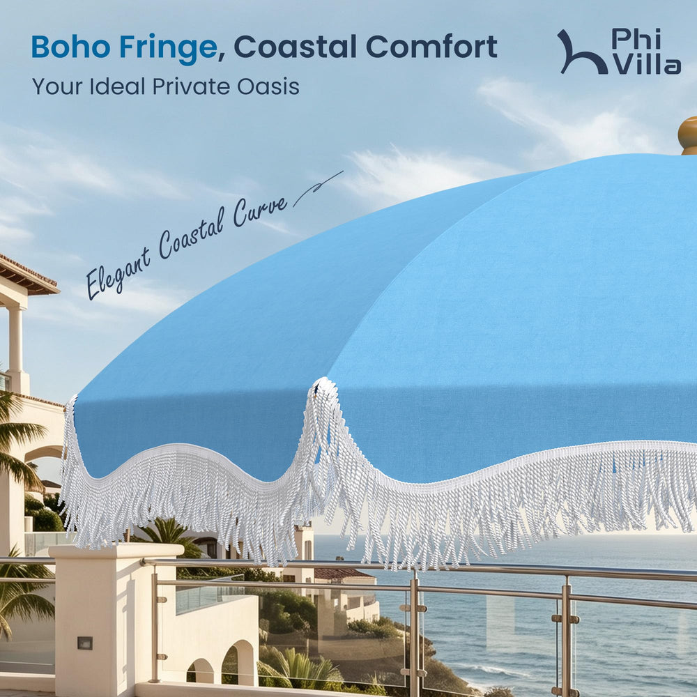 PHI VILLA close-up of fringe and polyester fabric texture for UV protection