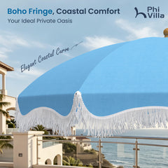 PHI VILLA close-up of fringe and polyester fabric texture for UV protection