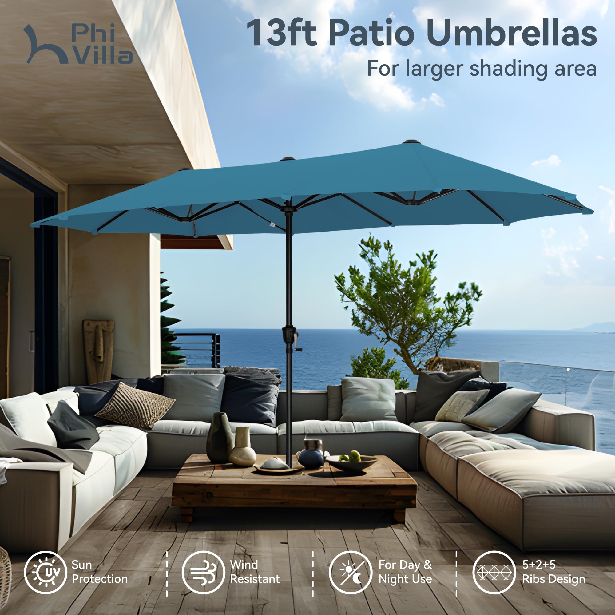 PHI VILLA folded umbrella tied for storage to protect fabric and extend life