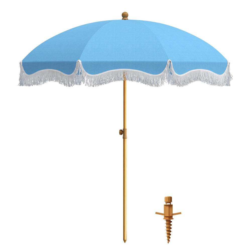 PHI VILLA front view blue fringe umbrella showing shade and stylish tassels